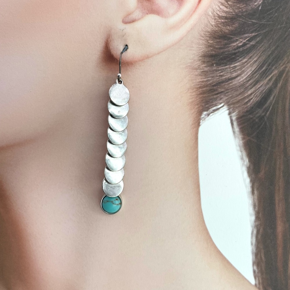 Lucky Brand Vintage Silver Tone Turquoise Hook Drop Dangle Earrings